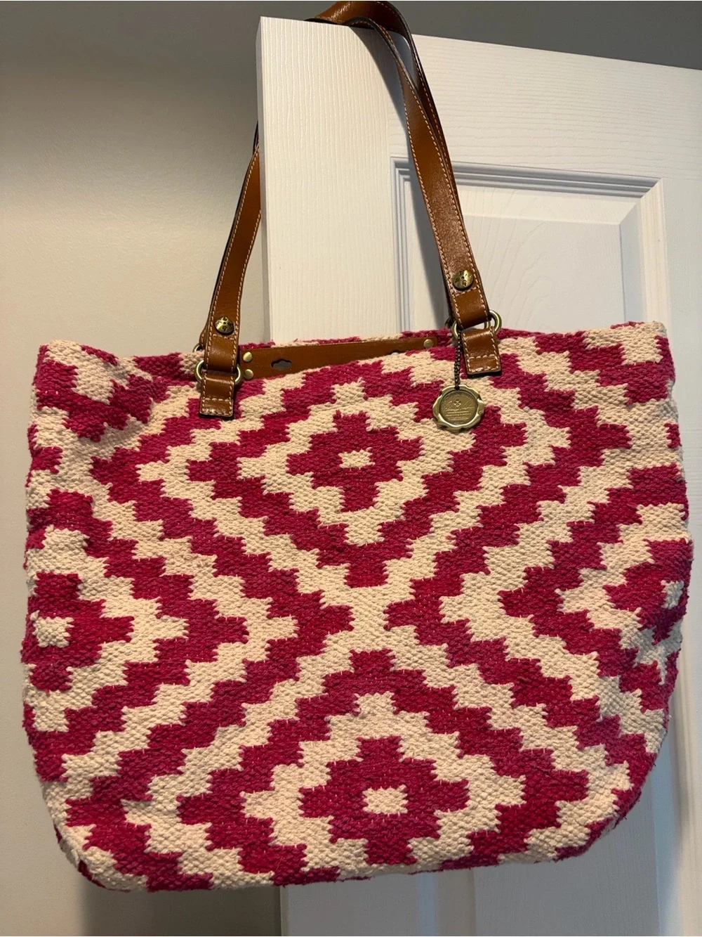 Patricia Nash Raspberry and Cream Woven Tote with Leather Trim and Medallion